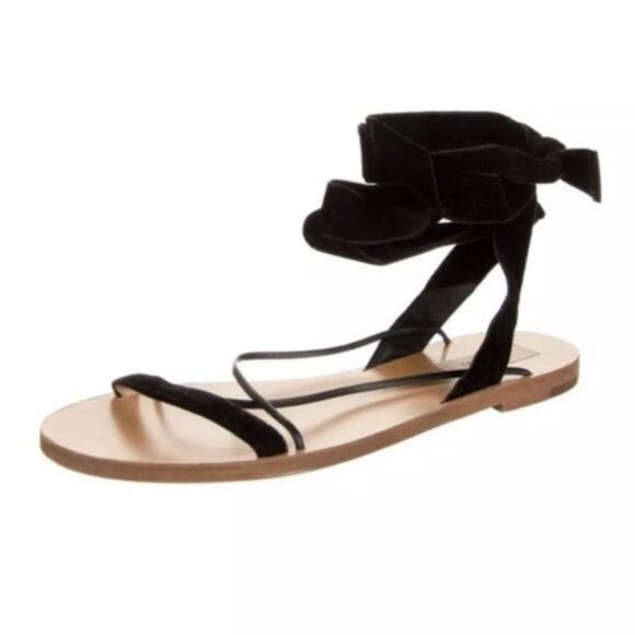 VALENTINO GARAVANI -NEW- Black Velvet Lace-Up Leather Sandal 77.5‌‌‌‌‍‍‍‍‍‍‍‍